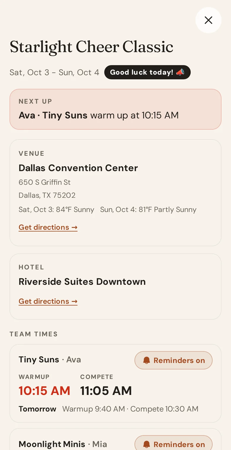 Round Off's competition weekend screen: the next warmup time, the venue with weather, the hotel, and each team's warmup and compete times.